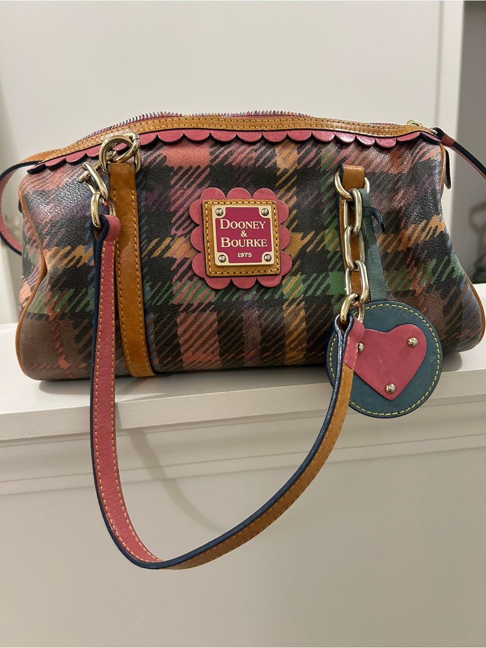 Dooney & Bourke Multicolor Plaid Leather Satchel with Pink Heart Charm #Vintage - Picture 2 of 5